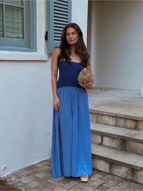 SOLID & STRIPED Strapless Soglio Dress in Blue S